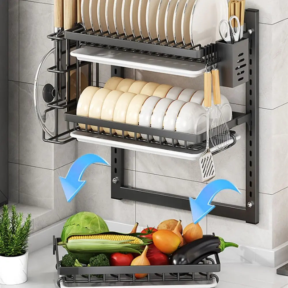 Wall Mounted Dish Drying Rack 2 Layer Rust-Proof Kitchen Storage Rack Compact Large Capacity Drain Tray Household