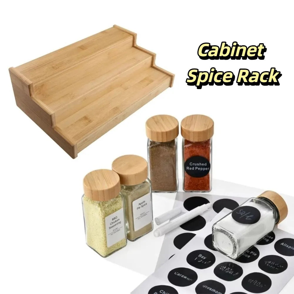 Solid Wooden 3-Tier Spice Rack Space-Saving Spice Display Spice Jar Storage Set Durable Multi-Tier Kitchen Spice Organizer