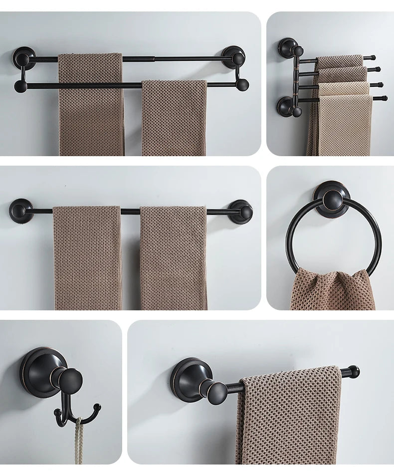 Bathroom Bath Toilet Paper Holder Robe Hook Bathroom Retractable Towel Hanging Rod Black Zinc Alloy EL852