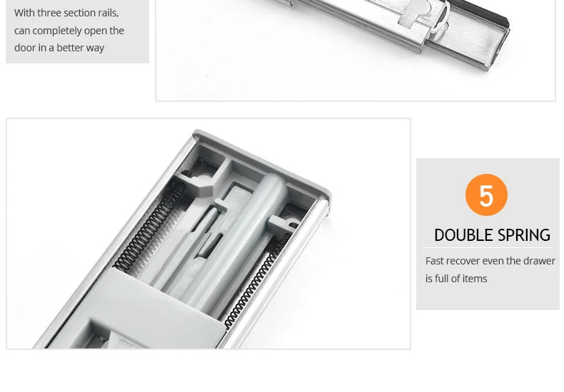 Buffer Damper Rails 10"-22" Stainless Steel Cabinet Slides Soft Close Three-Section Drawer Rails Drawer Slides Hardware