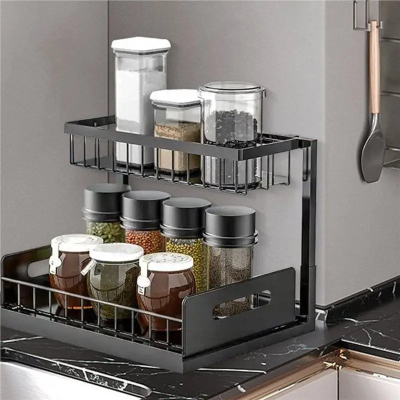 -November Under Sink 2 Tier Pull Out Sliding Cabinet Organizer Drawer Baskets Multi-Purpose Storage For Bathroom Space Saving