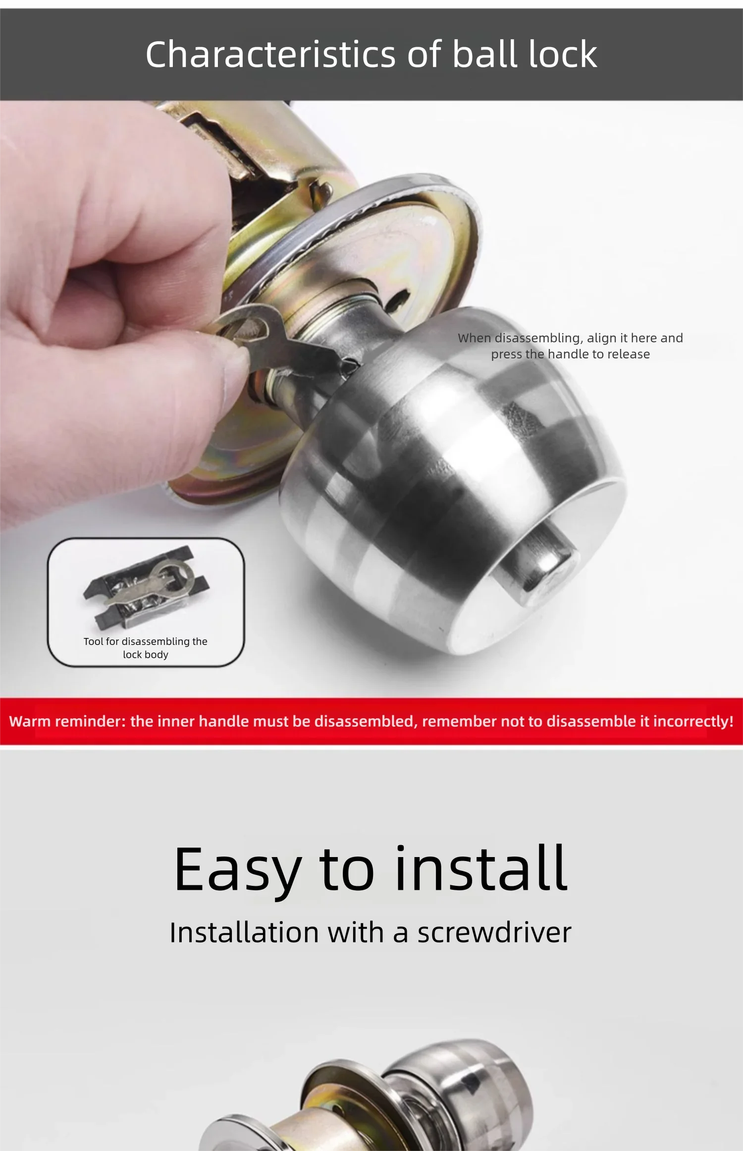 Stainless Round Door Knobs Rotation Lock Knobset Handle with Key for Bedrooms Bathrooms Utility Room Hardware Accessories