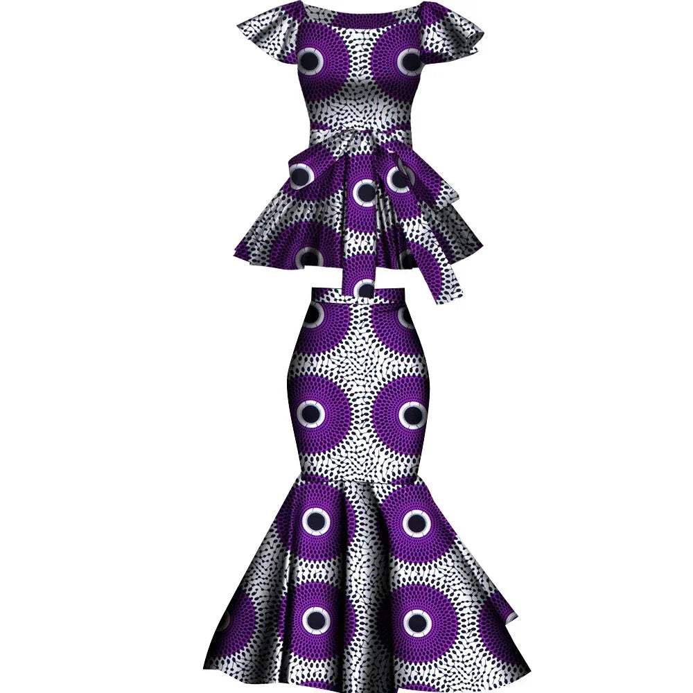 African Two Pcs Set Flared Skirt and Top Dashiki Wax Print Cotton Plus Size Party Clothing WY10076
