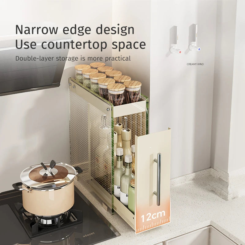 Kitchen Pull-out Spice Storage Rack Corner Seasoning Salt Sauce Vinegar Bottle Organizer Countertop Narrow Edge Pull-out Rack