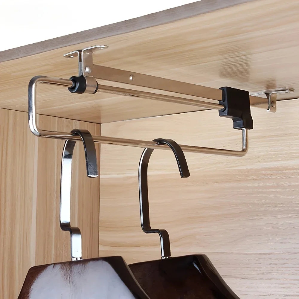 1pc retractable wardrobe hanging rod, drawer style storage rod, adjustable folding metal hanging rail, saving space