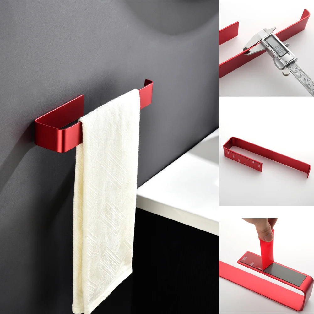 Aluminum Bathroom Accessories Sets 3M Tape Toilet Brush Holder Ceramic Toilet Roll Paper Holder Red Robe Hook Towel Holder