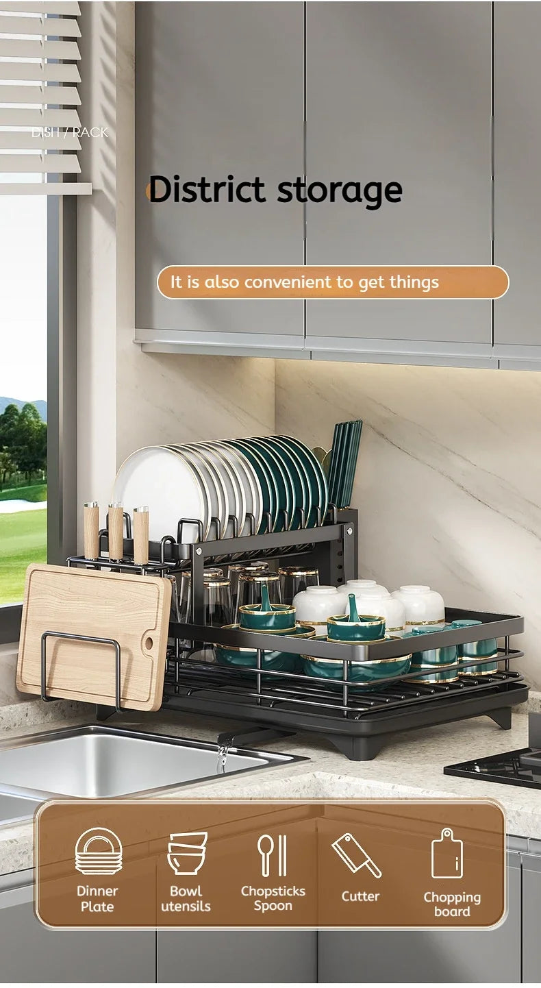 Stainless Steel Adjustable Dish Drying Rack with Drainboard - Over Sink Plate Organizer, Kitchen Storage Rack