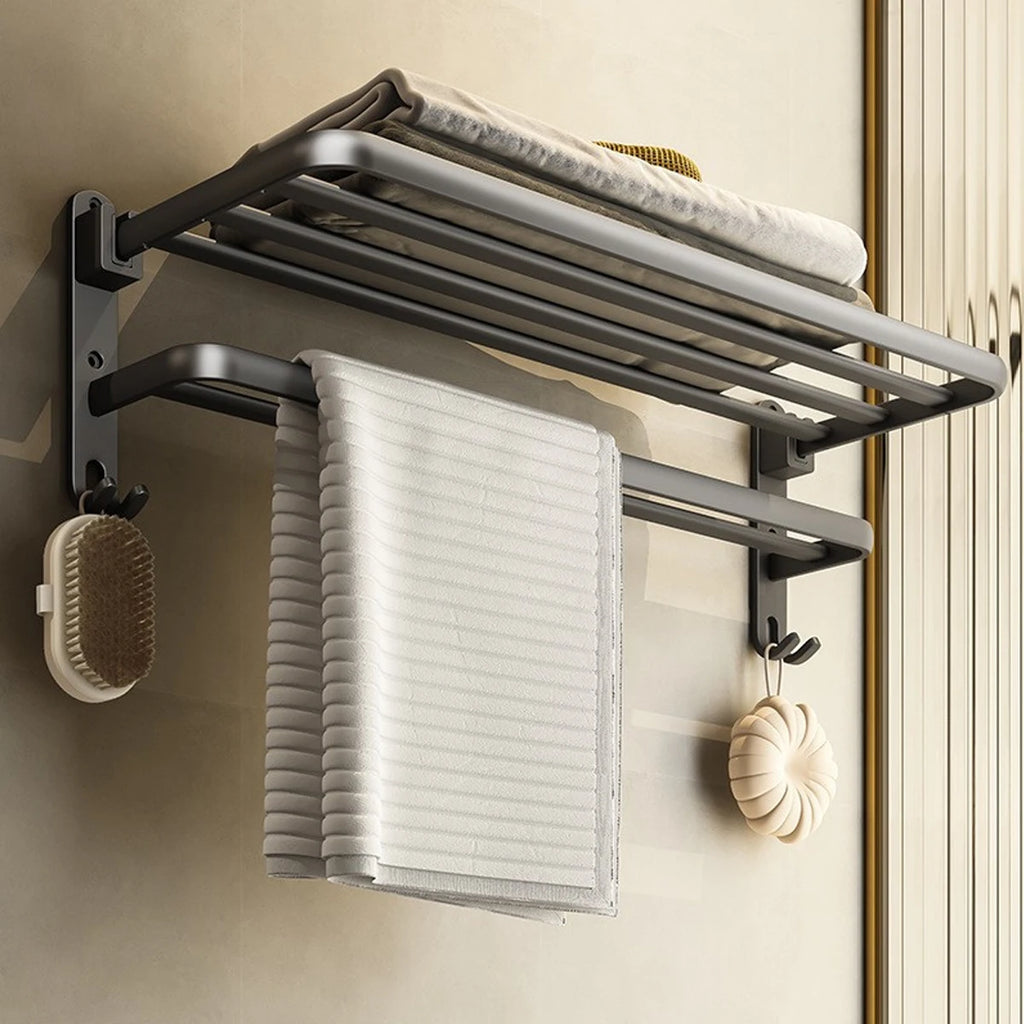 Bathroom Lavatory Towel Rack with Double Towel Bars & with HOOKS,19-inch Towel Shelf with Towel Bar,Towel Holder (Black、Gray)