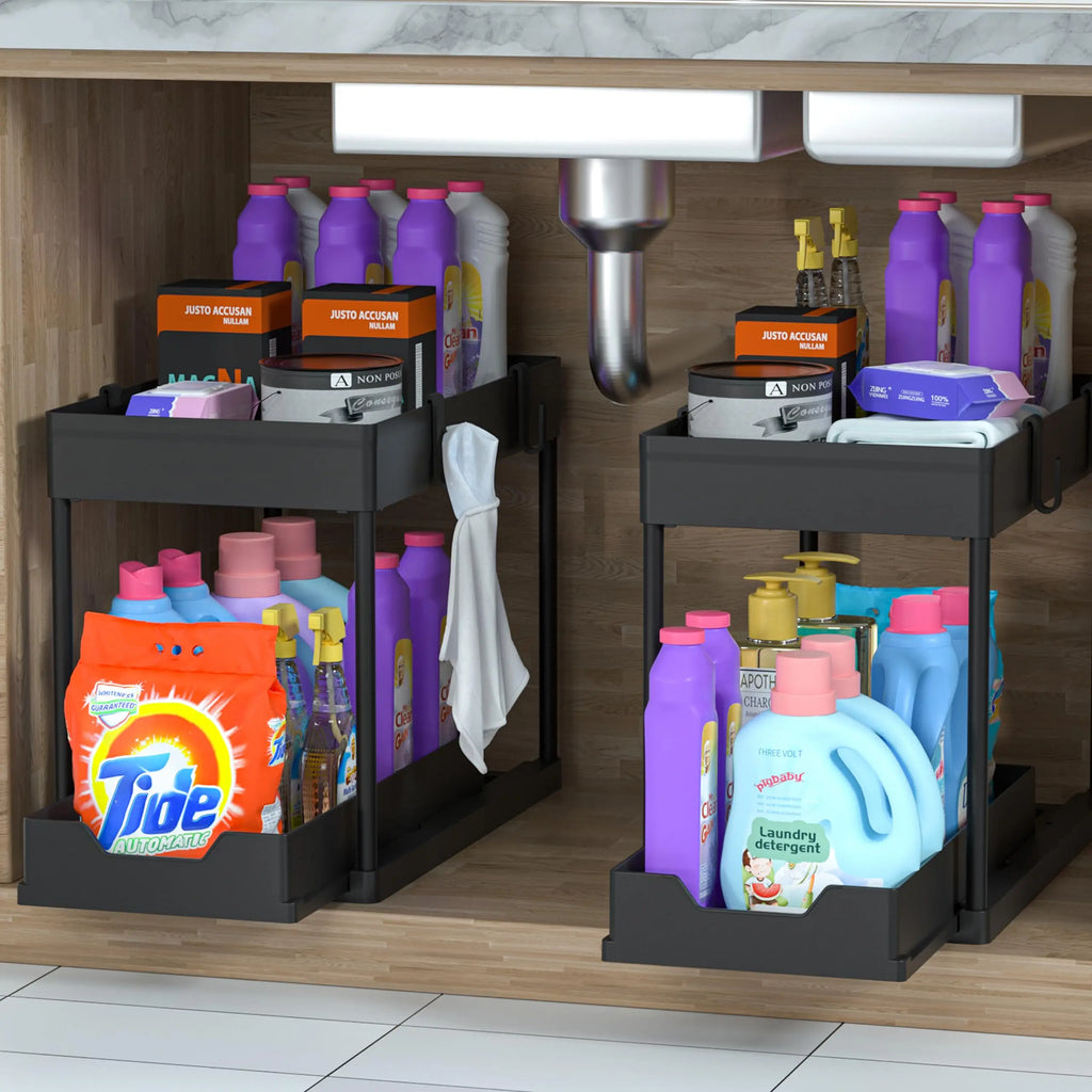2 Tier Under Sliding Cabinet Basket Organizer Drawer with 4 Hooks, Multi-Purpose Under Sink Storage for Bathroom Kitchen Desktop