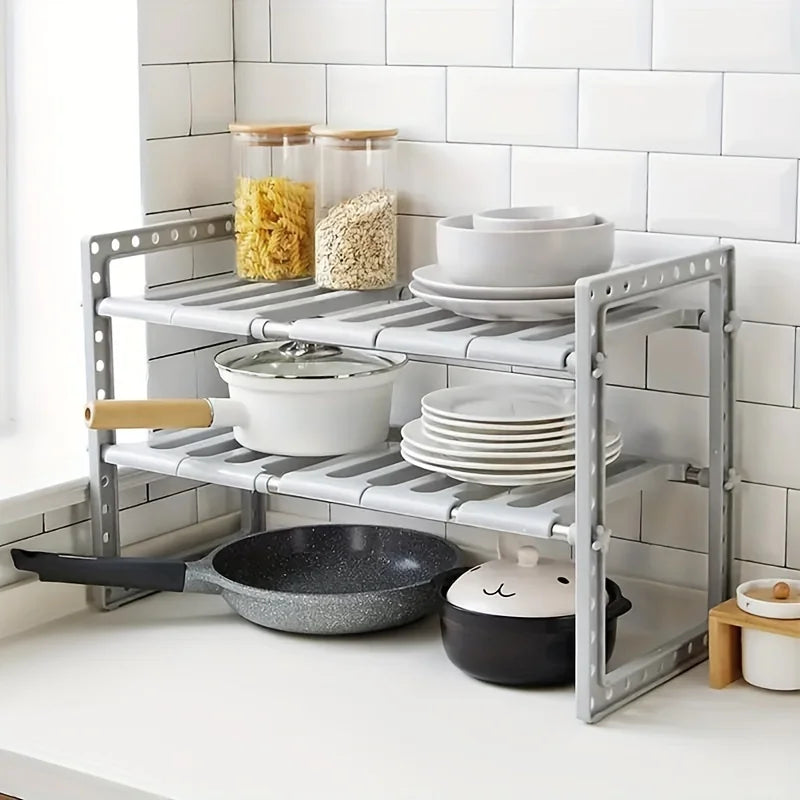 2-Tier Under-Sink Organizer, 10 Removable Panels. Expandable, Space Saver for Kitchen & Bathroom.