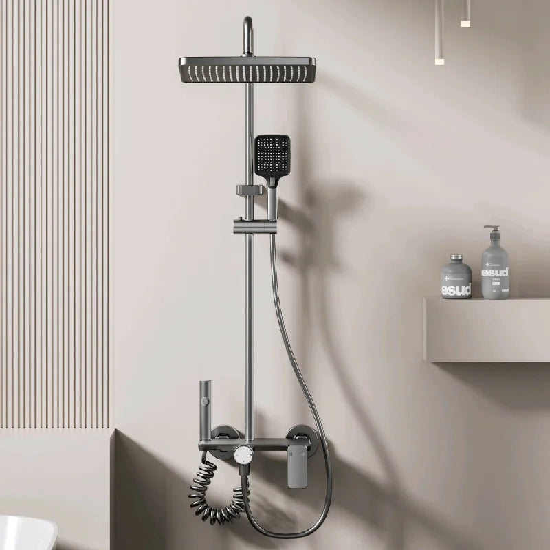 Bathroom Multifunction Shower System Set Household Rotary Knob Hot and Cold Water Pressurize Gunmetal Gray Aluminum Shower Set