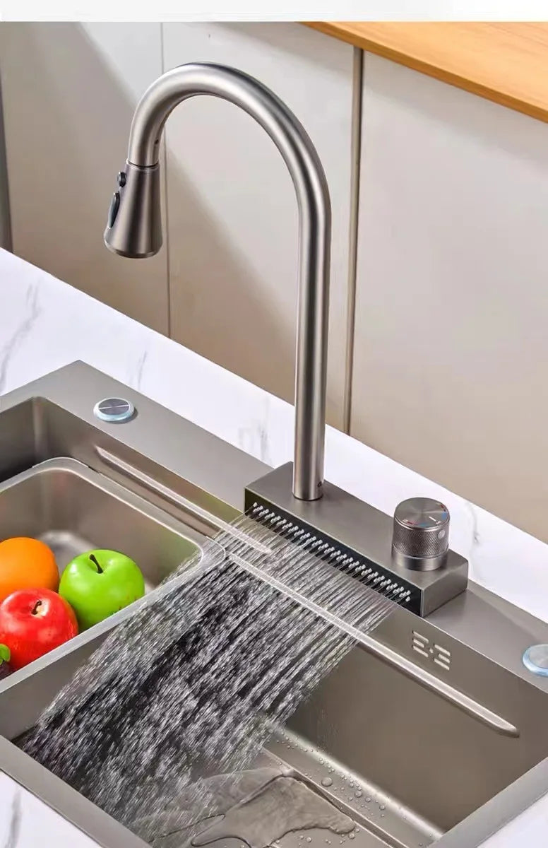Waterfall Sink Pull Type Kitchen Faucet Hot Cold Mixer Vegetable Wash Tap Basin Multiple Water Outlets Rotation Flying Rain Tap
