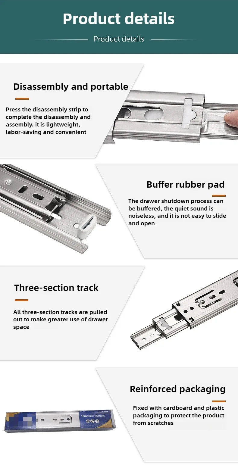 10" - 22"  45mm wide Stainless Steel Drawer Slides Soft Close Drawer Track Rail Sliding Three-Section Cabinet Furniture Hardware