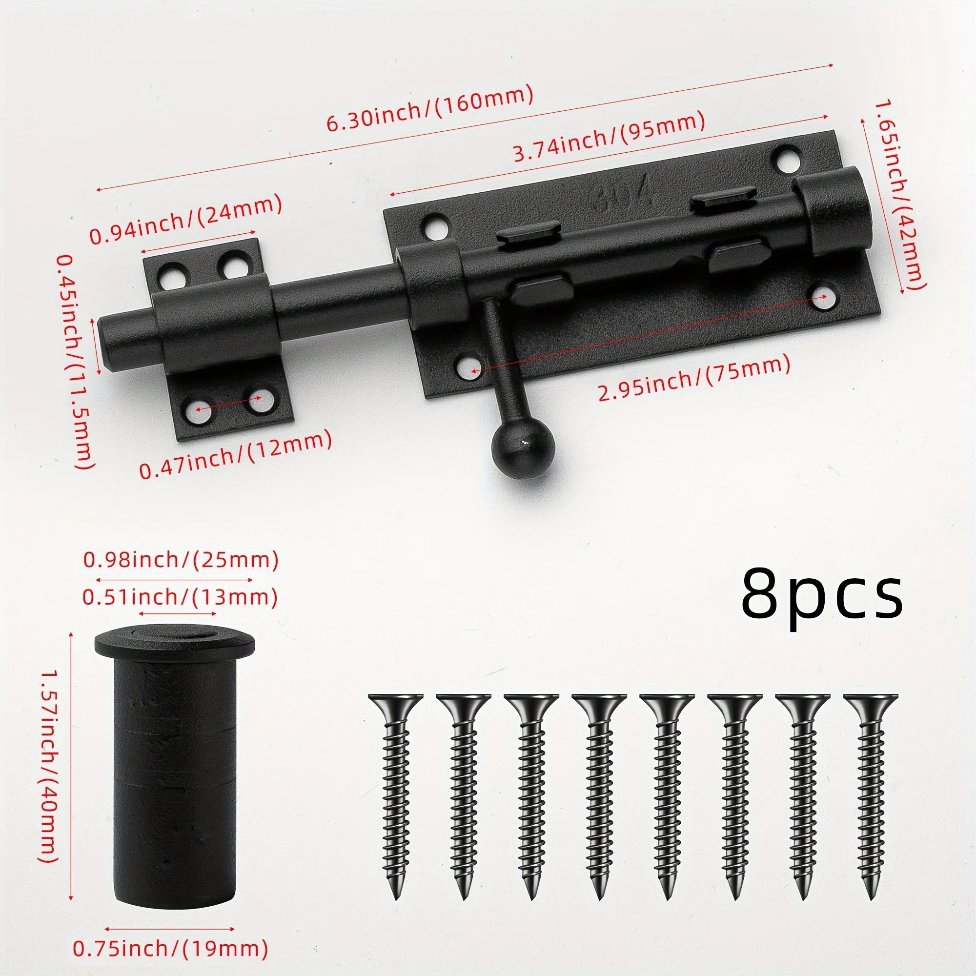 Sliding Bolt Latch Hardware：Cylindrical Bolt Latch，Heavy Solid 304 Stainless Steel，Black Surface，Applicable  Outdoor Latches