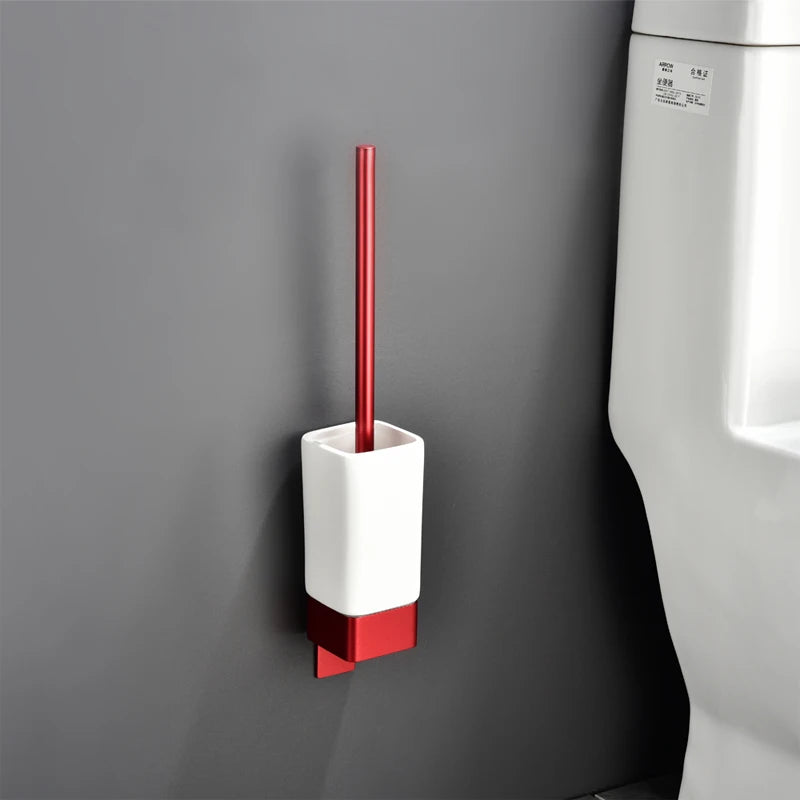 Aluminum Bathroom Accessories Sets 3M Tape Toilet Brush Holder Ceramic Toilet Roll Paper Holder Red Robe Hook Towel Holder