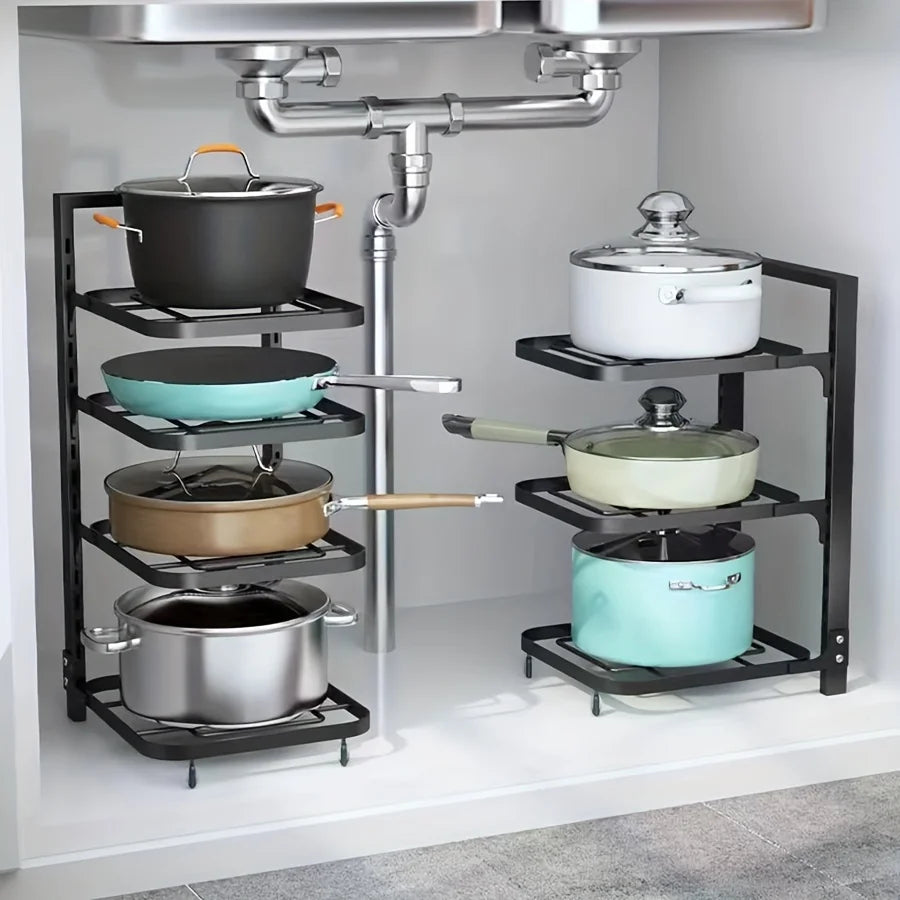 Adjustable Kitchen Storage Shelves, Pot Racks & Sink Organizers. Multi-layer Cabinets for Efficient Space Saving.