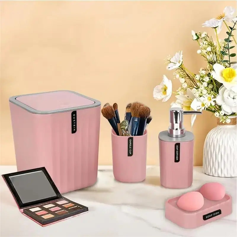 4pcs/set Bathroom Accessories Set, Includes Desktop Trash Can, Soap Dispenser, Toothbrush Holder, Toothbrush Cup, Giftift