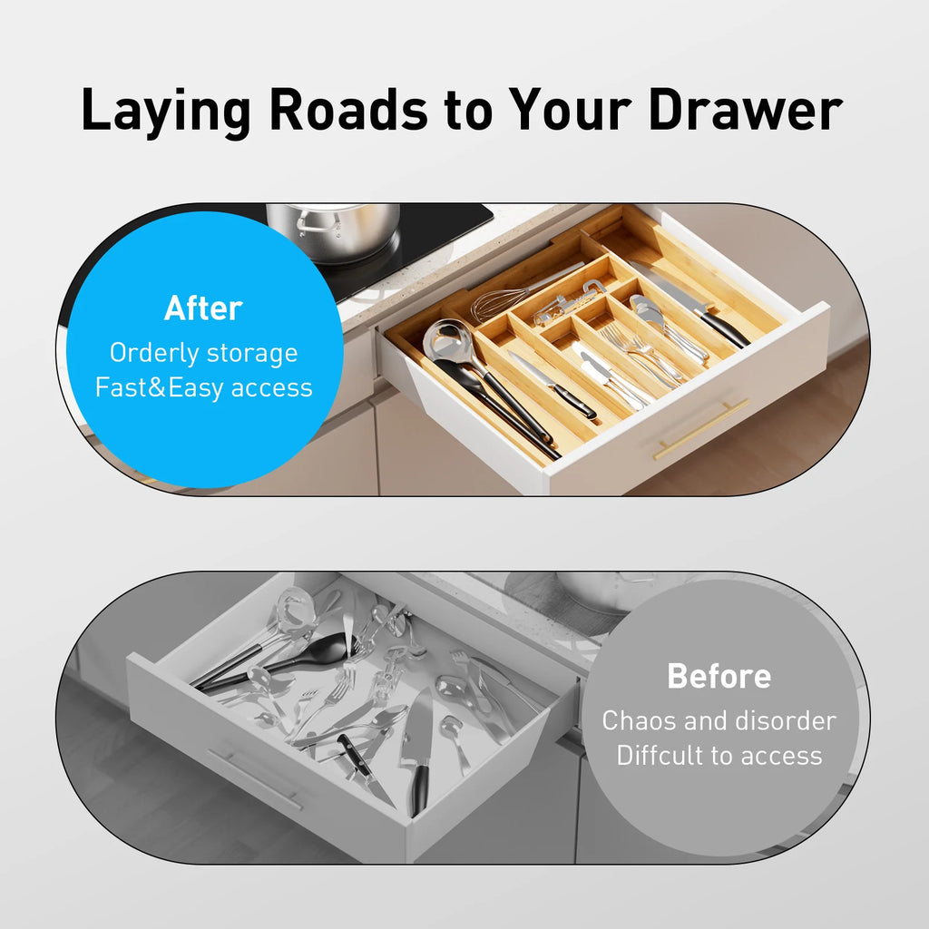 Adjustable Expandable Bamboo Drawer Organizer for Kitchen,Bedroom or Living Room-Ideal for Organizing Cutlery,Silverware& Knives