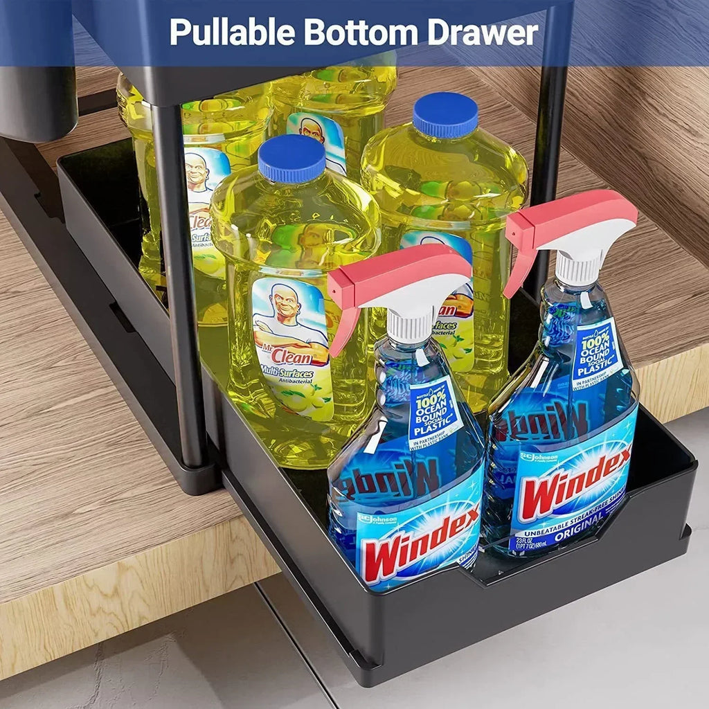 Under Sink Organizer Sliding Cabinet Basket Organizer Storage Rack with Hooks Hanging Cup Bathroom Kitchen Organizer