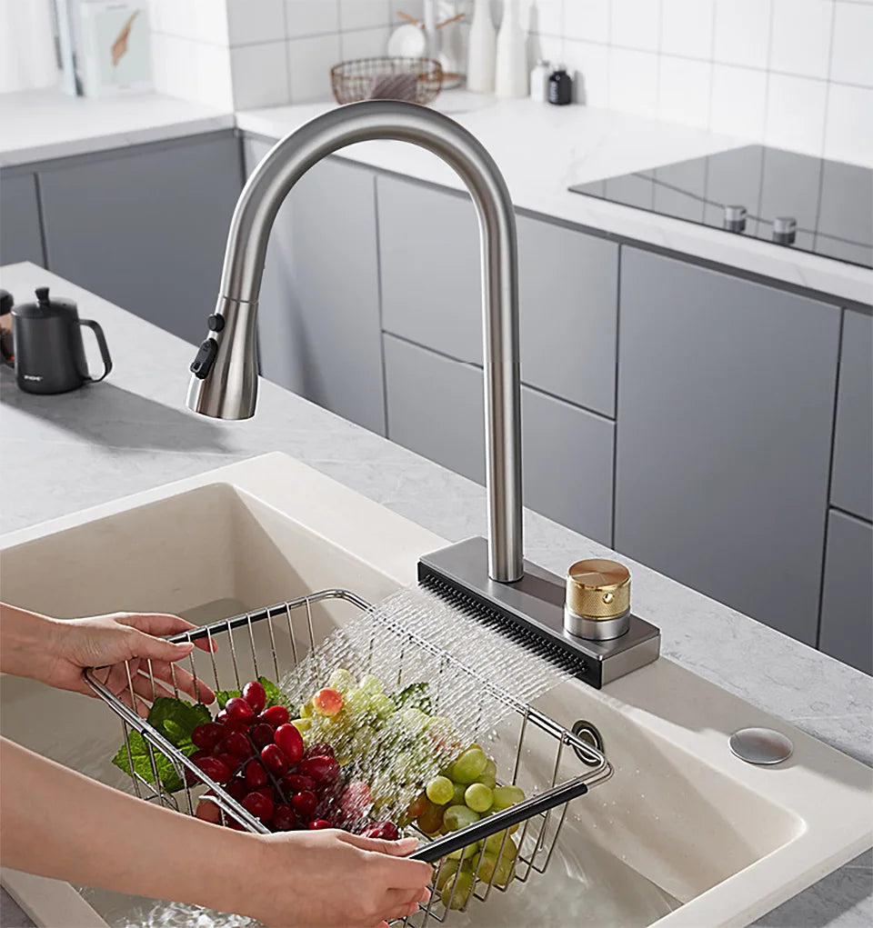 Waterfall Kitchen Sink Faucet with 4 Modes Pull Out Spout Stainless Steel Black One Hole Deck Mounted Kitchen Water Mixer Tap