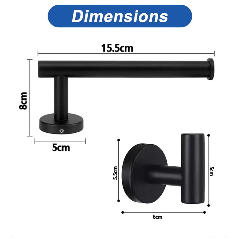 3-Piece Bathroom Hardware Set Wall-Mounted Toilet Paper Holder 2 Towel Hooks Modern Black Bath Accessories Christmas Decor Gift