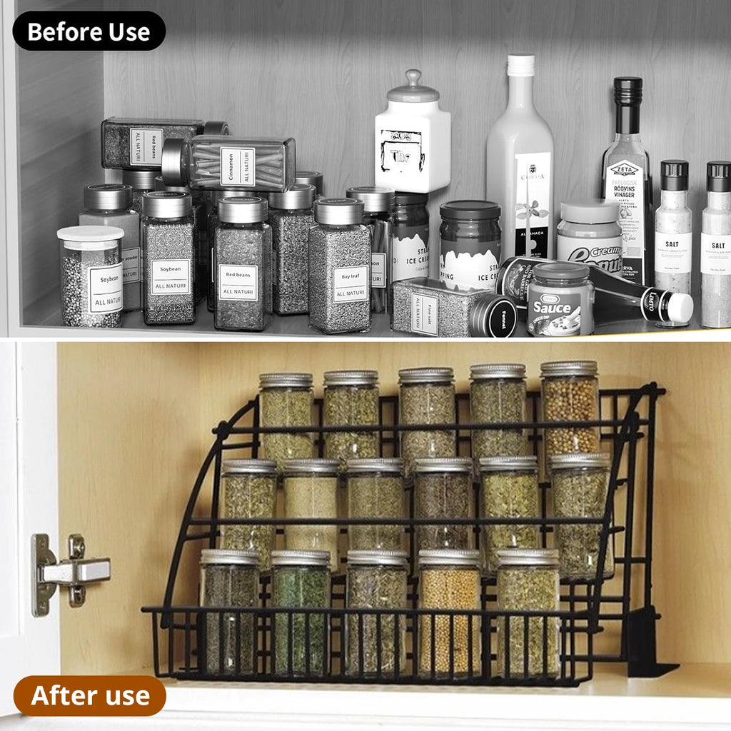 Pull-Out Spice Organizer, Metal Kitchen Cabinet Storage Rack, Space-Saving 3-Tier Shelf for Condiments & Jars