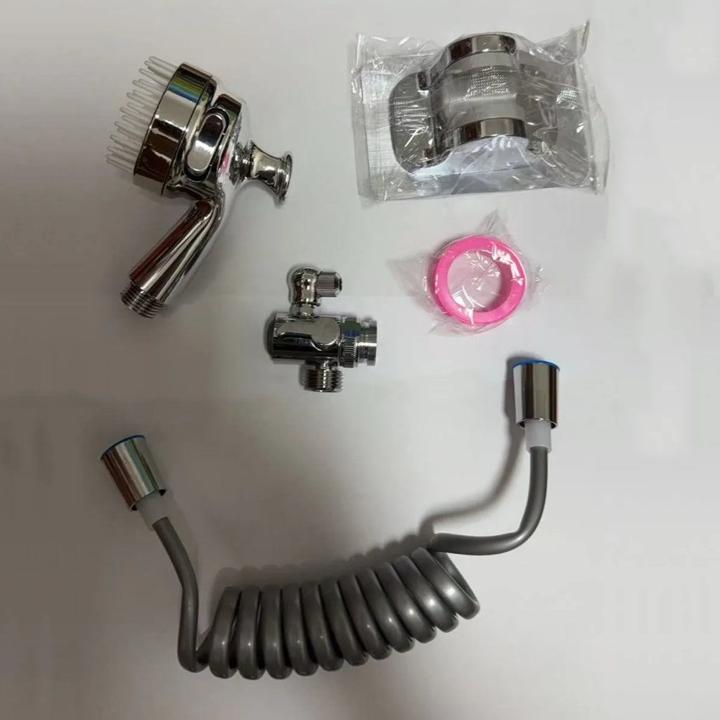 Washbasin hand shower set, with external hand shower head and hose, suitable for shampooing, pet showering, and bathroom use.