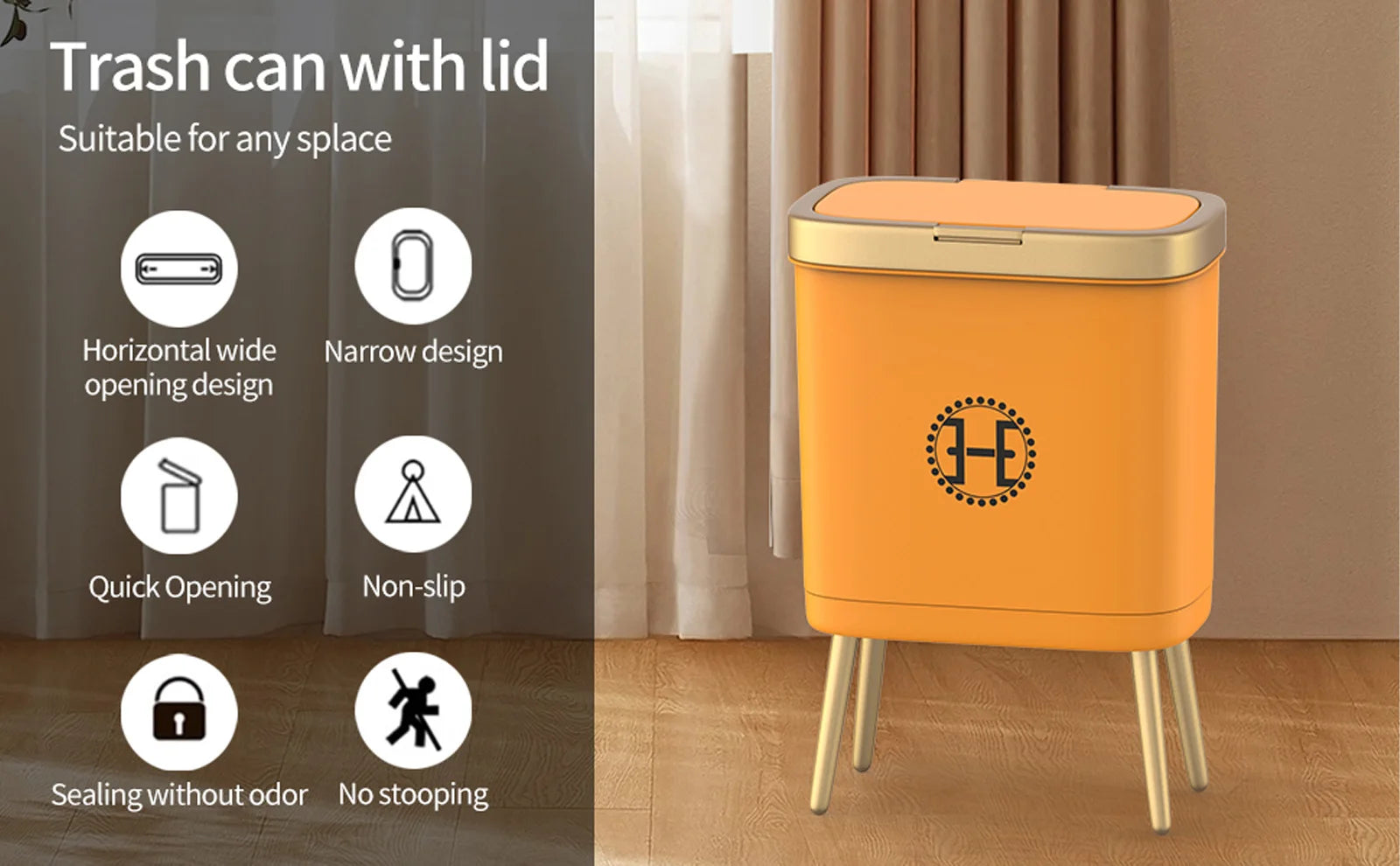 Bedroom Trash Can with Lid,Slim Bathroom Cans Lids, Dog Proof Press Top Lid,Modern Gold Plastic Waste Basket for Office,Kitchen
