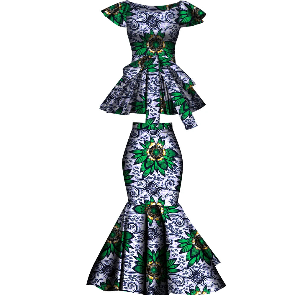African Two Pcs Set Flared Skirt and Top Dashiki Wax Print Cotton Plus Size Party Clothing WY10076