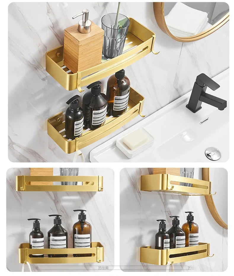 Bathroom accessories: brushed golden corner rack, towel rack, bathroom storage rack, bathroom hardware pendant bath accessories