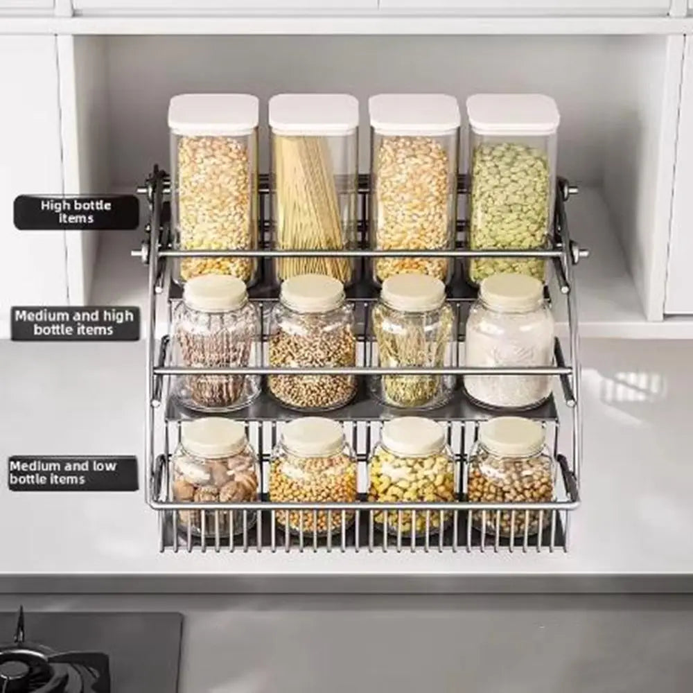 Carbon Steel 3-Tier Pull Down Spice Rack Large Capacity Space Saving Retractable Spice Rack Rust-proof Strong Load-bearing