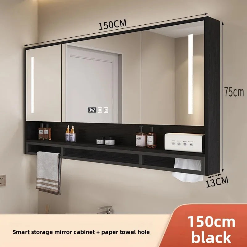 Bathroom Mirror Cabinet Wall Mounted LED Waterproof Aluminum Medicine Cabinet with Storage Shelf Towel Rod for Home Bathroom