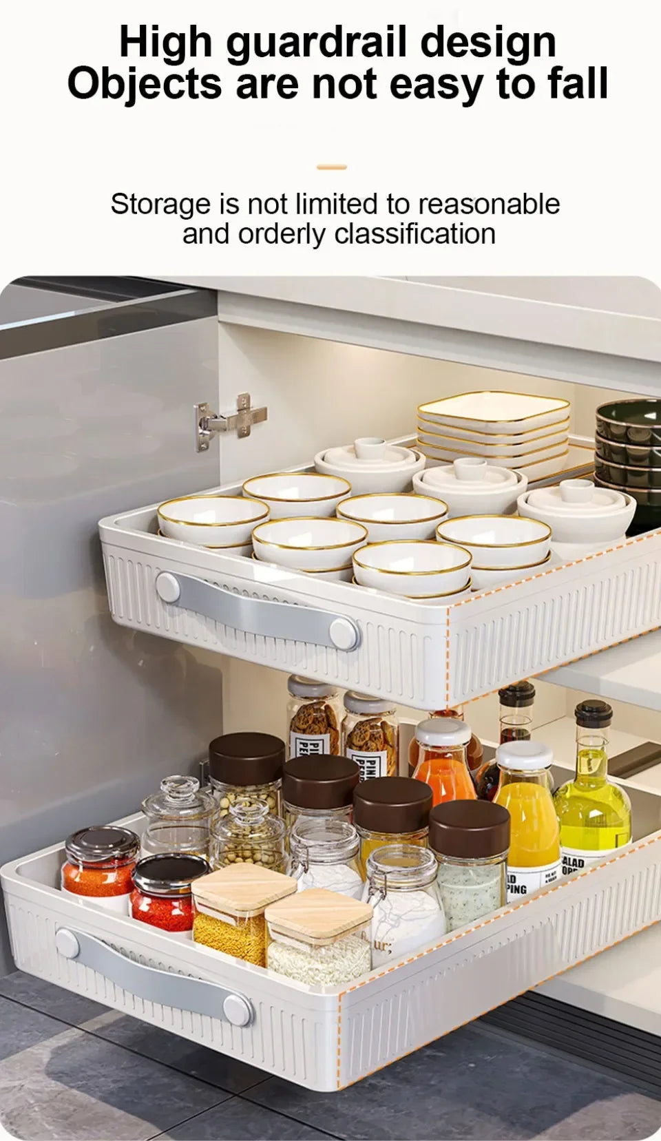Kitchen Drawer Storage Rack with Slide Rails Pull-out Cabinet Organizer Free Installation Non Punched Easy To Clean Storage Box
