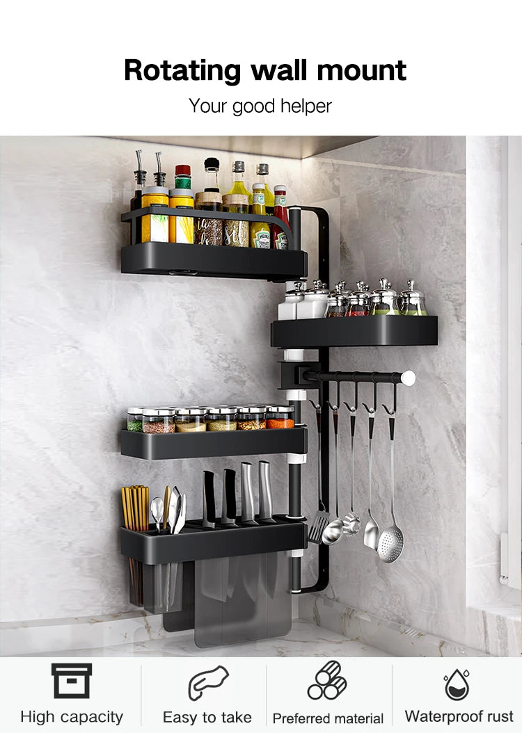 Over Sink Kitchen Rack Black Kitchen Storage Stand Wall-mounted Spice Rack Punch-free 360 Rotation Kitchen Spice Organizer Shelf
