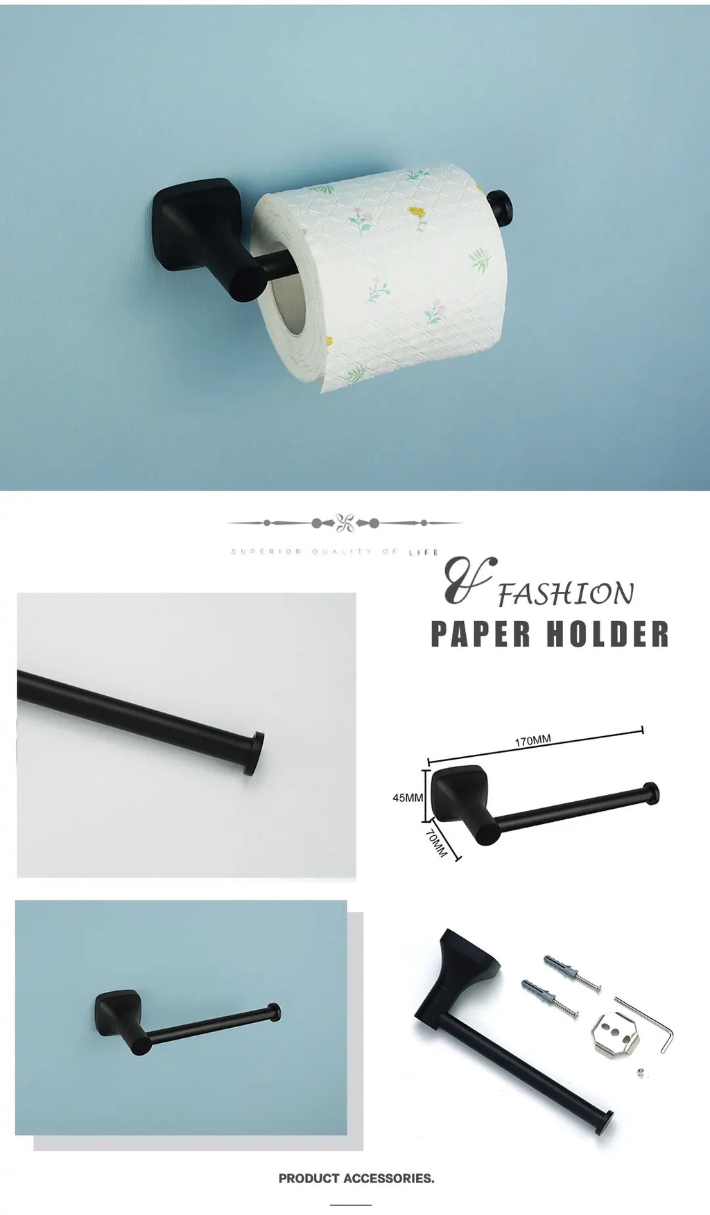 Black Bathroom Accessories Stainless Steel Wall Mounted Bath Towel Holder Robe Hook Toilet Brush Paper Towel Holder Pendant