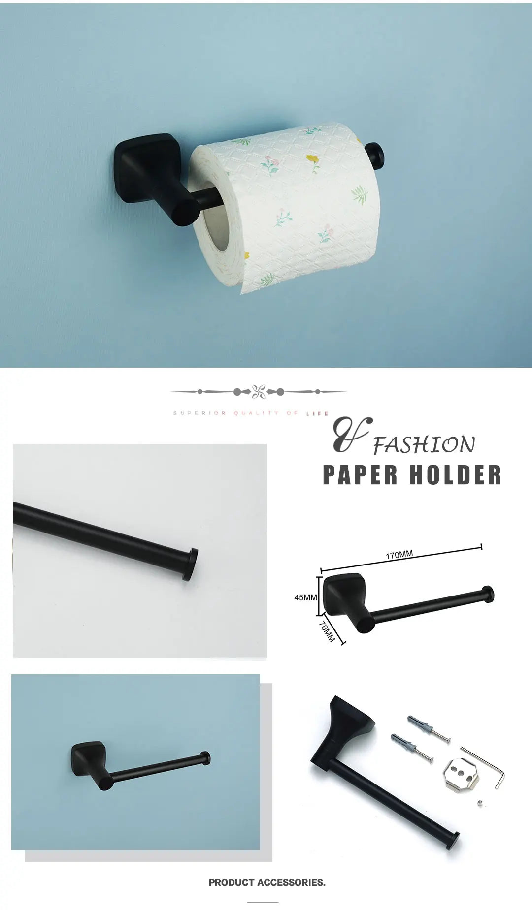 Black Bathroom Accessories Stainless Steel Wall Mounted Bath Towel Holder Robe Hook Toilet Brush Paper Towel Holder Pendant