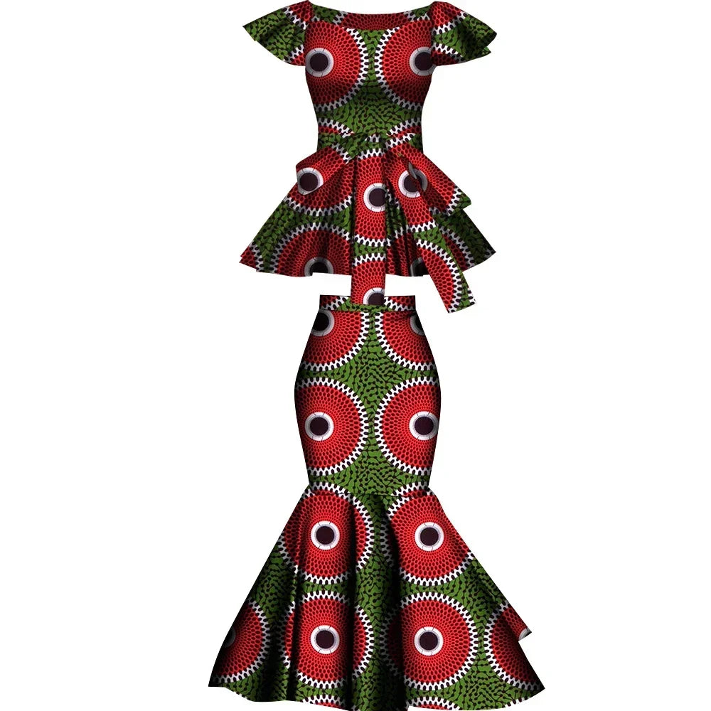 African Two Pcs Set Flared Skirt and Top Dashiki Wax Print Cotton Plus Size Party Clothing WY10076