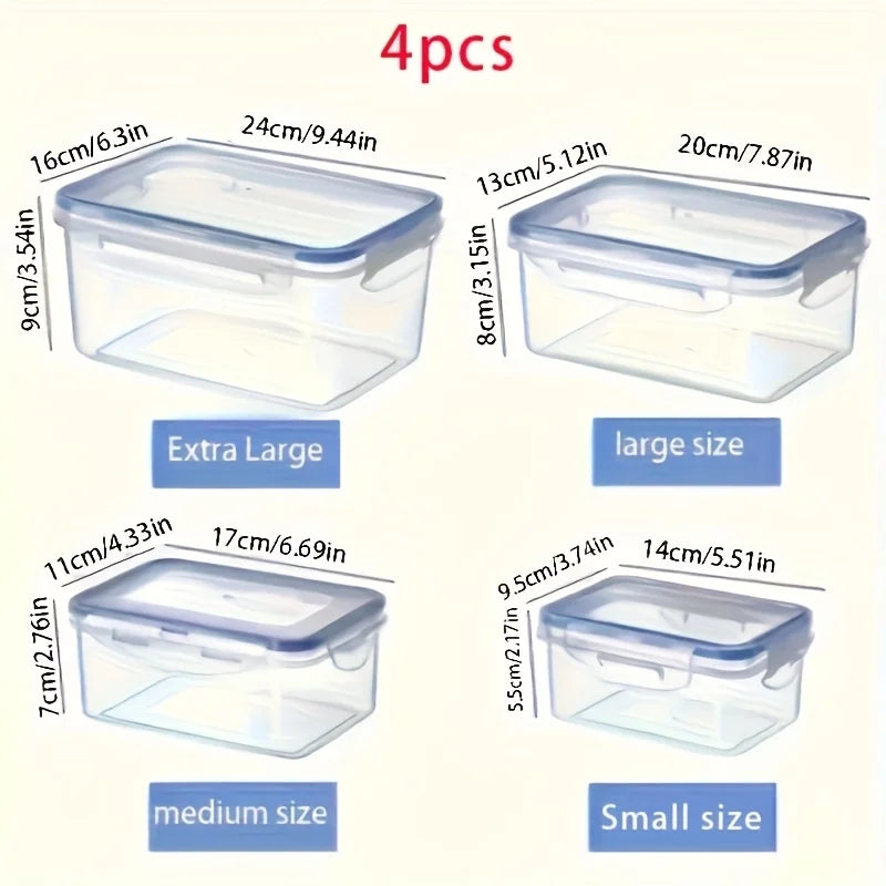 4-piece set of food storage containers, available in multiple sizes suitable for fruits, vegetables, pasta, snacks, and meat