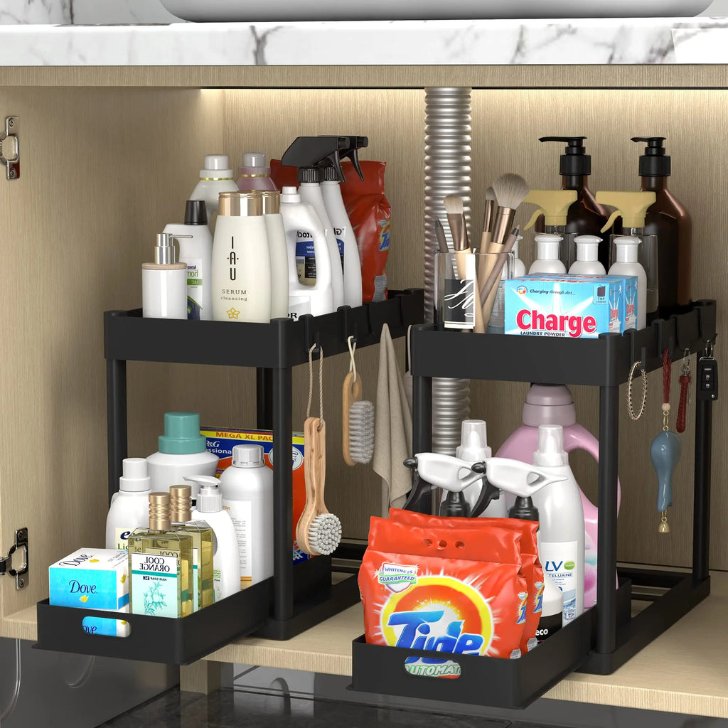 2 Tier Under Sliding Cabinet Basket Organizer Drawer with 4 Hooks, Multi-Purpose Under Sink Storage for Bathroom Kitchen Desktop