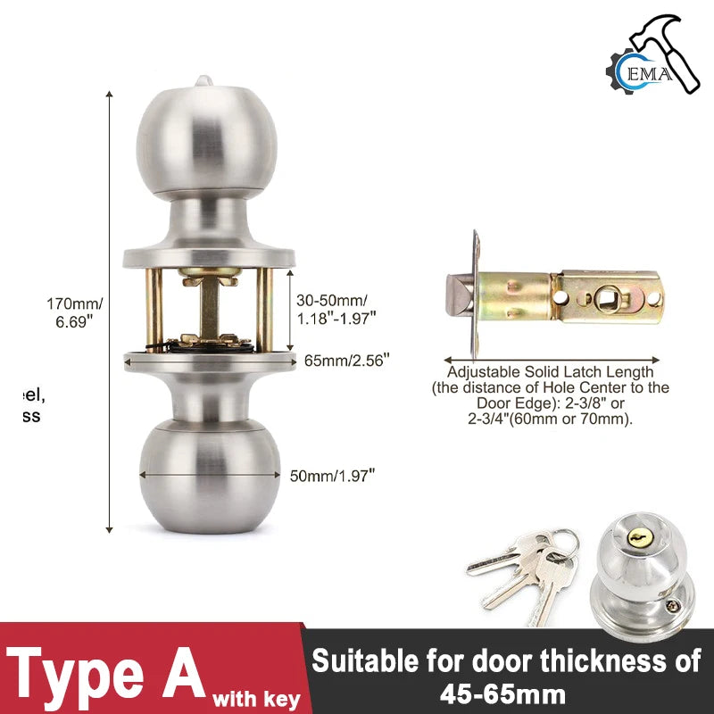 Keyed Entry Door Knob with Lock Round Door Knobs Stainless Steel Interior and Exterior Door Lock for Bedroom Bathroom