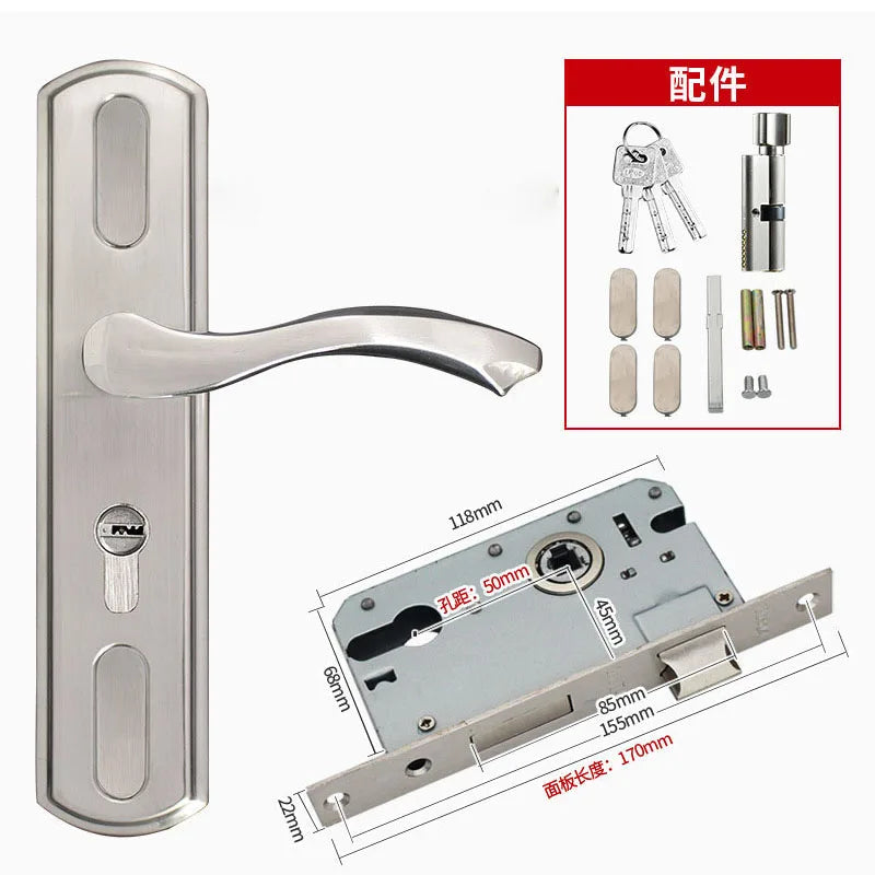 Adjustable Stainess Steel Door Handle lock set Home Security With Keys  Interior Door Lock Hole Size110-190mm