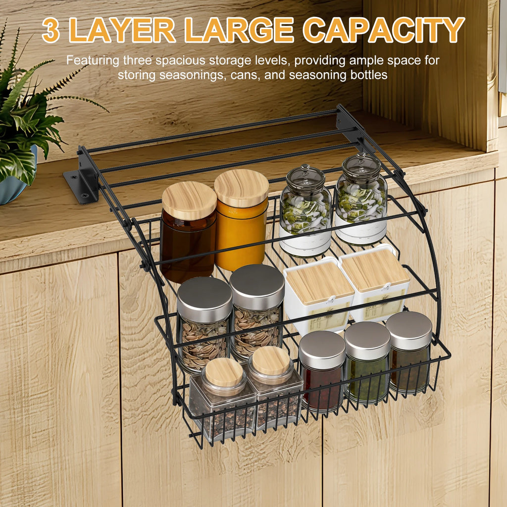3-Tier Kitchen Storage Rack Metal Pull Down Spice Rack Large Capacity Inside Cabinet Riser Shelf Home Seasoning Bottle Organizer
