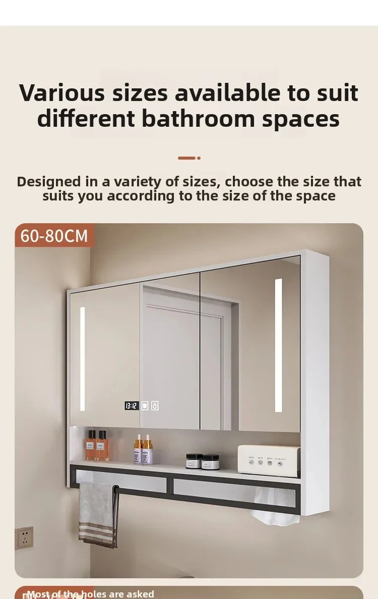 Bathroom Mirror Cabinet Wall Mounted LED Waterproof Aluminum Medicine Cabinet with Storage Shelf Towel Rod for Home Bathroom