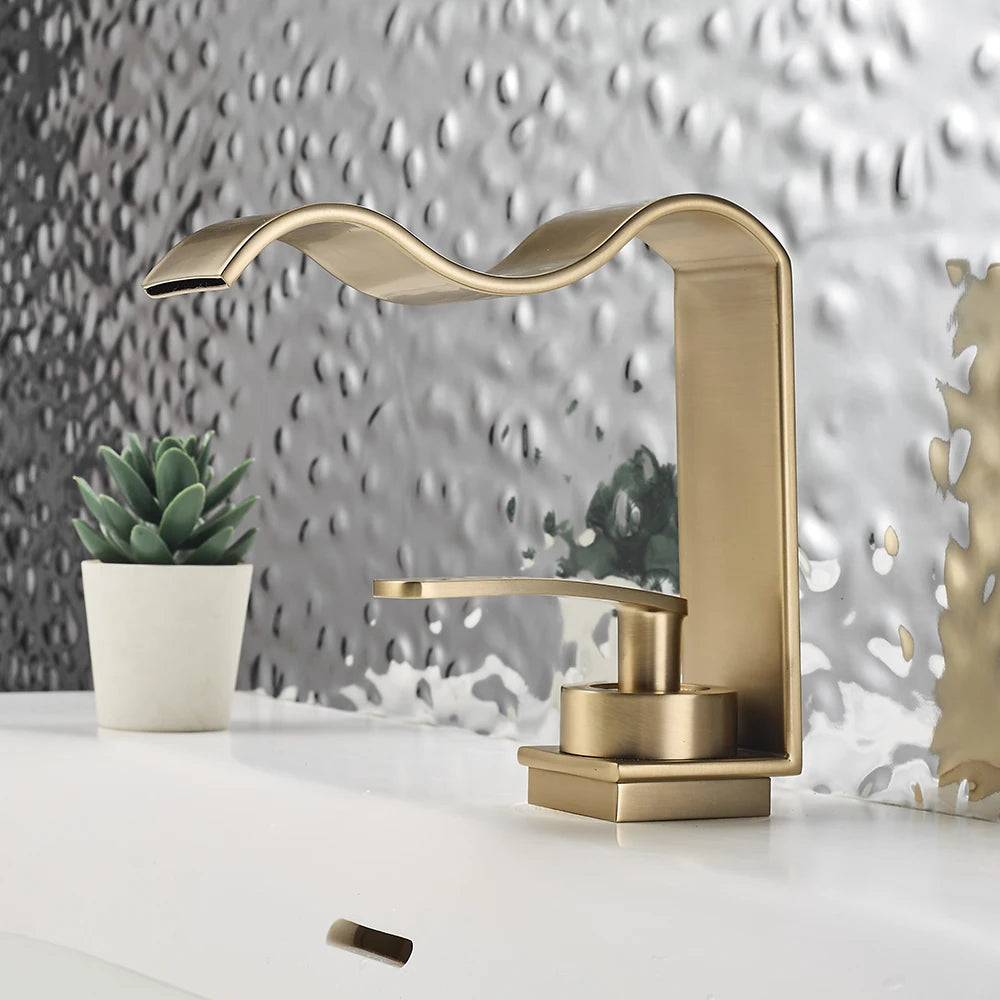 Basin Faucet Waterfall Black with Brushed Bathroom Basin sink Faucet Cold and Hot Water Mixer Single Handle Bathroom Taps 855951