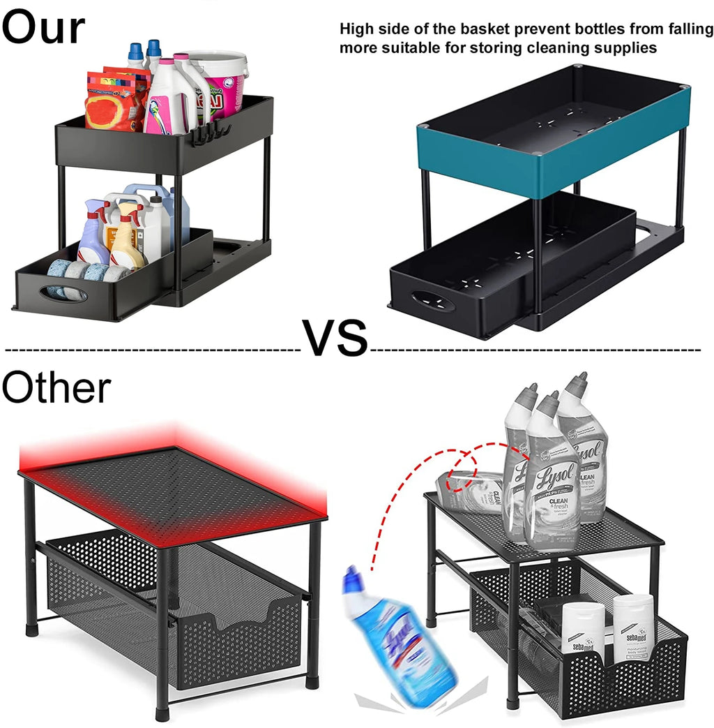 2 Tier Under Sink Organizer Sliding Cabinet Basket Organizer Storage Rack with Hooks Hanging Cup Bathroom Kitchen Organizer