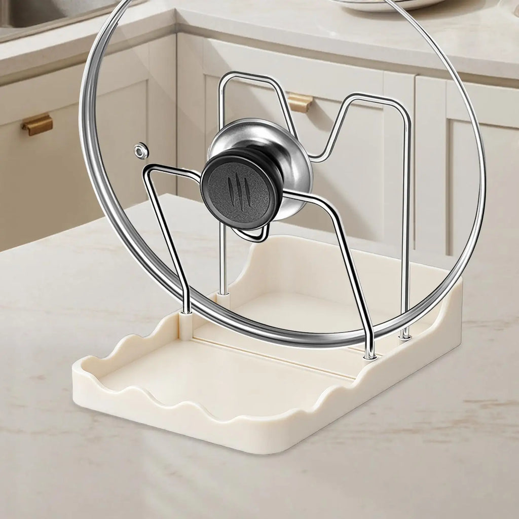 Pot Lid Organizer Vertical Spoon Display Stand with Drip Tray Stainless Pot Lid Storage Rack for Kitchen Baking Cooking Pantry