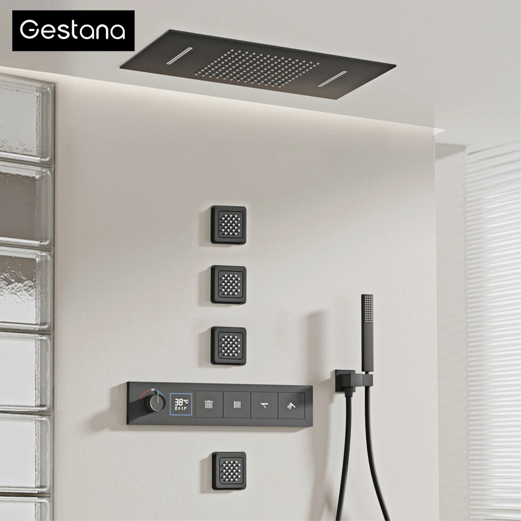 Bathroom black brass thermostatic shower set with LED digital display ceiling design,wall mounted with 4 functions Shower system