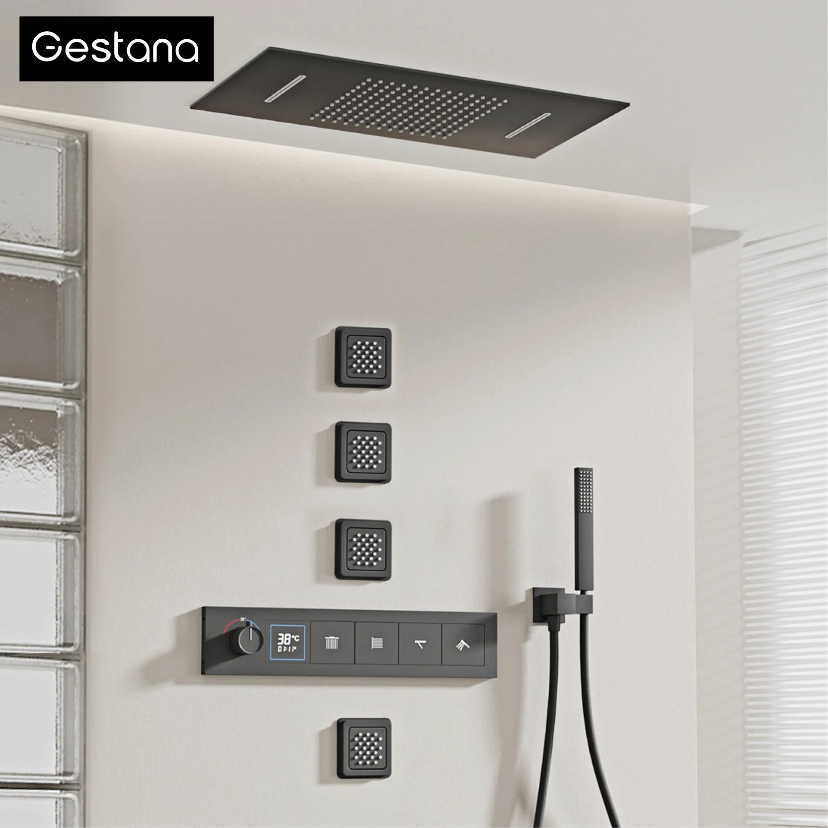 Bathroom black brass thermostatic shower set with LED digital display ceiling design,wall mounted with 4 functions Shower system