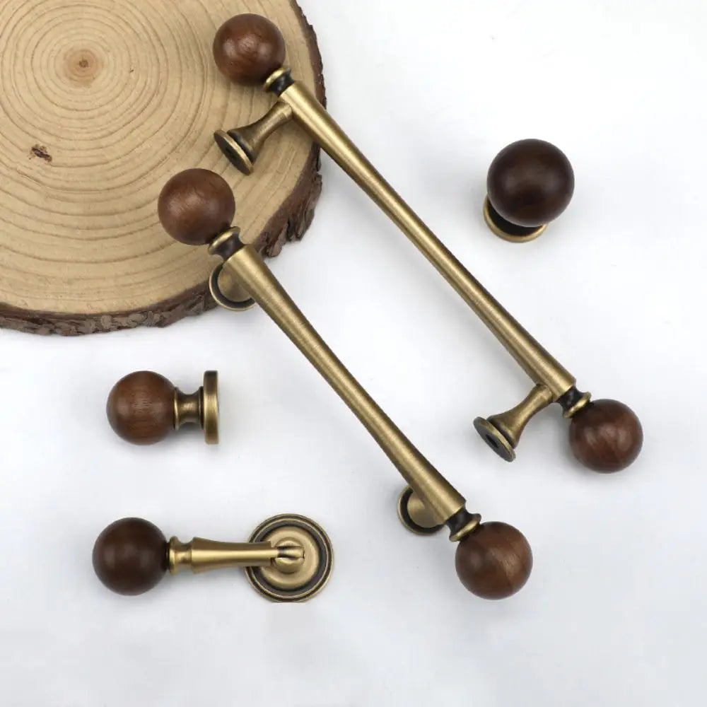 Brass Brass Cabinet Handles Walnut Vintage Design Walnut Knobs European Style Wooden American Retro Knobs Kitchen Cupboard