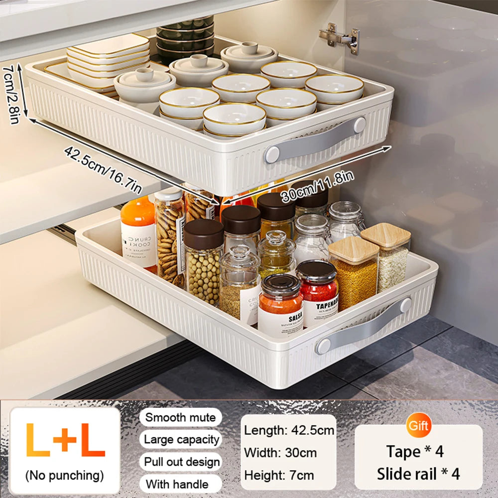 2PCS Kitchen Drawer Storage Rack with Slide Rails Pull-out Cabinet Organizer Storage Tray Spice Seasoning Bottle Storage Rack